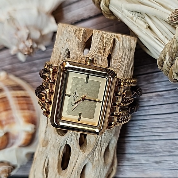 NWT JESSICA SIMPSON MULTI-CHAIN BRAIDED BAND GOLD TONE RECTANGLE WATCH - Picture 1 of 14